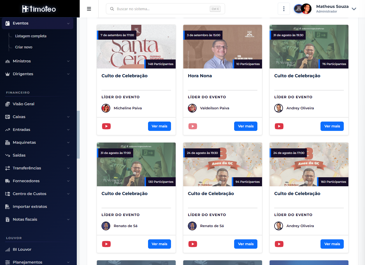 Visão de gestão de eventos do Timóteo